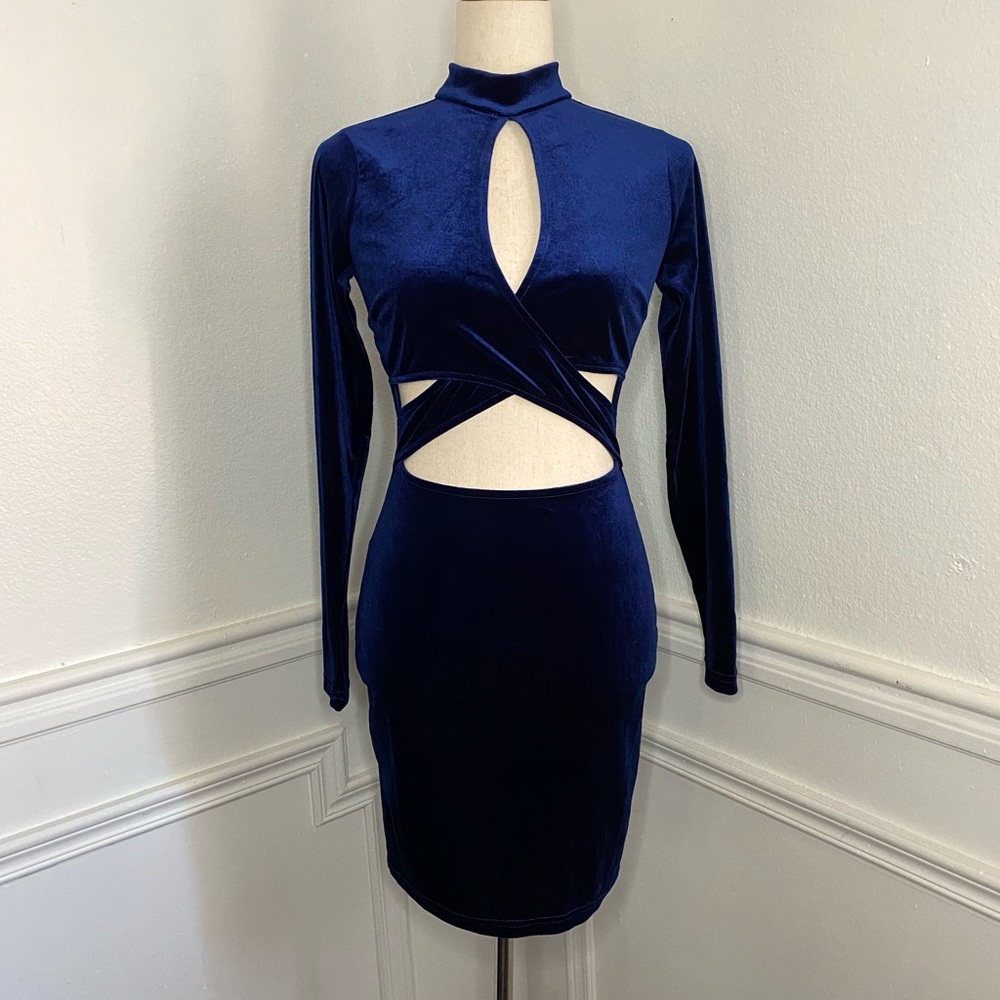 Velvet Royal Blue Long Sleeve Dress With Criss Cross Cut Out Detail New